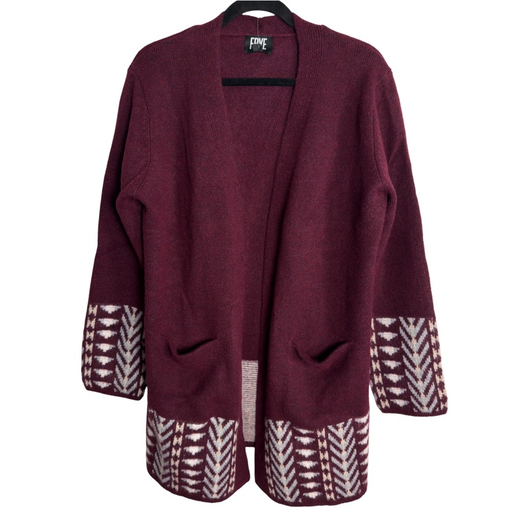 New Frye New Cozy Geometric Open Front Burgundy White Cardigan Size L - Picture 5 of 10